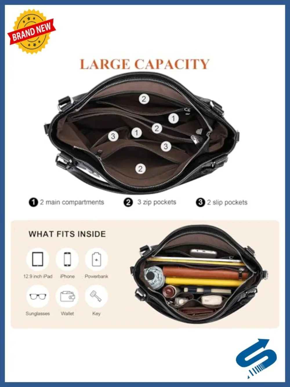 Genuine Leather Large Hobo Bag with Detachable Strap, Fits iPad
